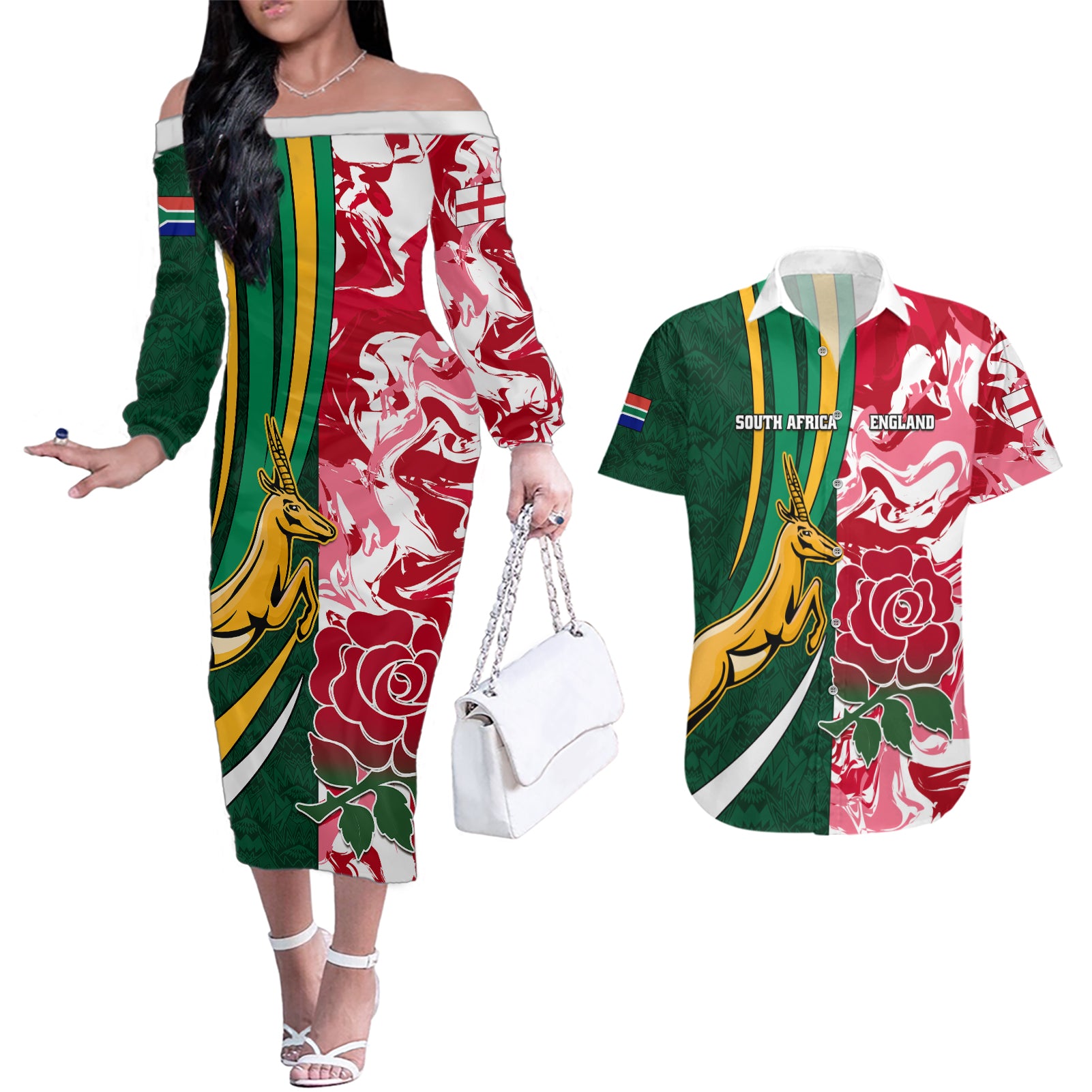 Custom South Africa and England Rugby Couples Matching Off The Shoulder Long Sleeve Dress and Hawaiian Shirt The Red Rose Protea Pattern - Wonder Print Shop