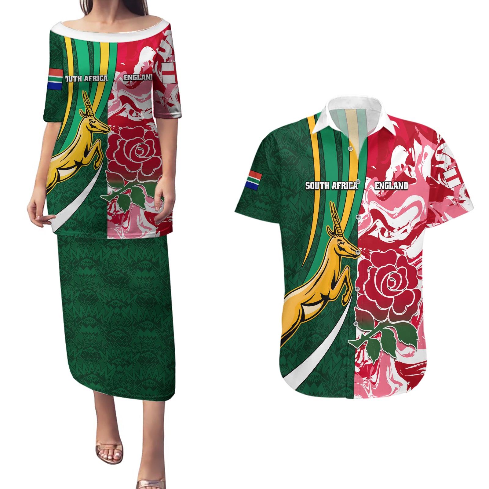 Custom South Africa and England Rugby Couples Matching Puletasi Dress and Hawaiian Shirt The Red Rose Protea Pattern - Wonder Print Shop