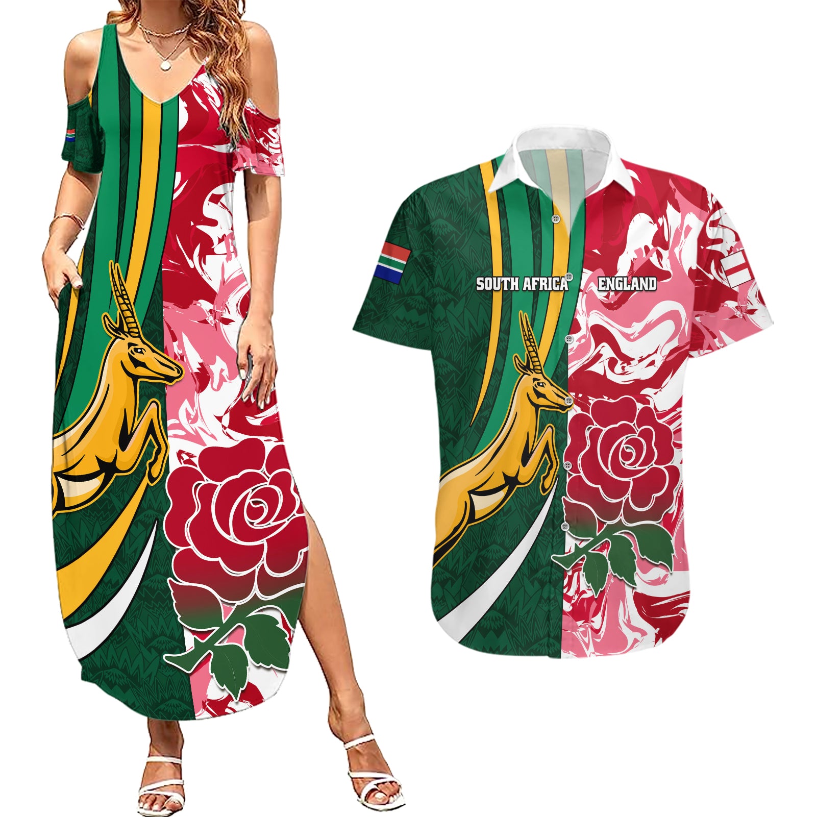 Custom South Africa and England Rugby Couples Matching Summer Maxi Dress and Hawaiian Shirt The Red Rose Protea Pattern - Wonder Print Shop