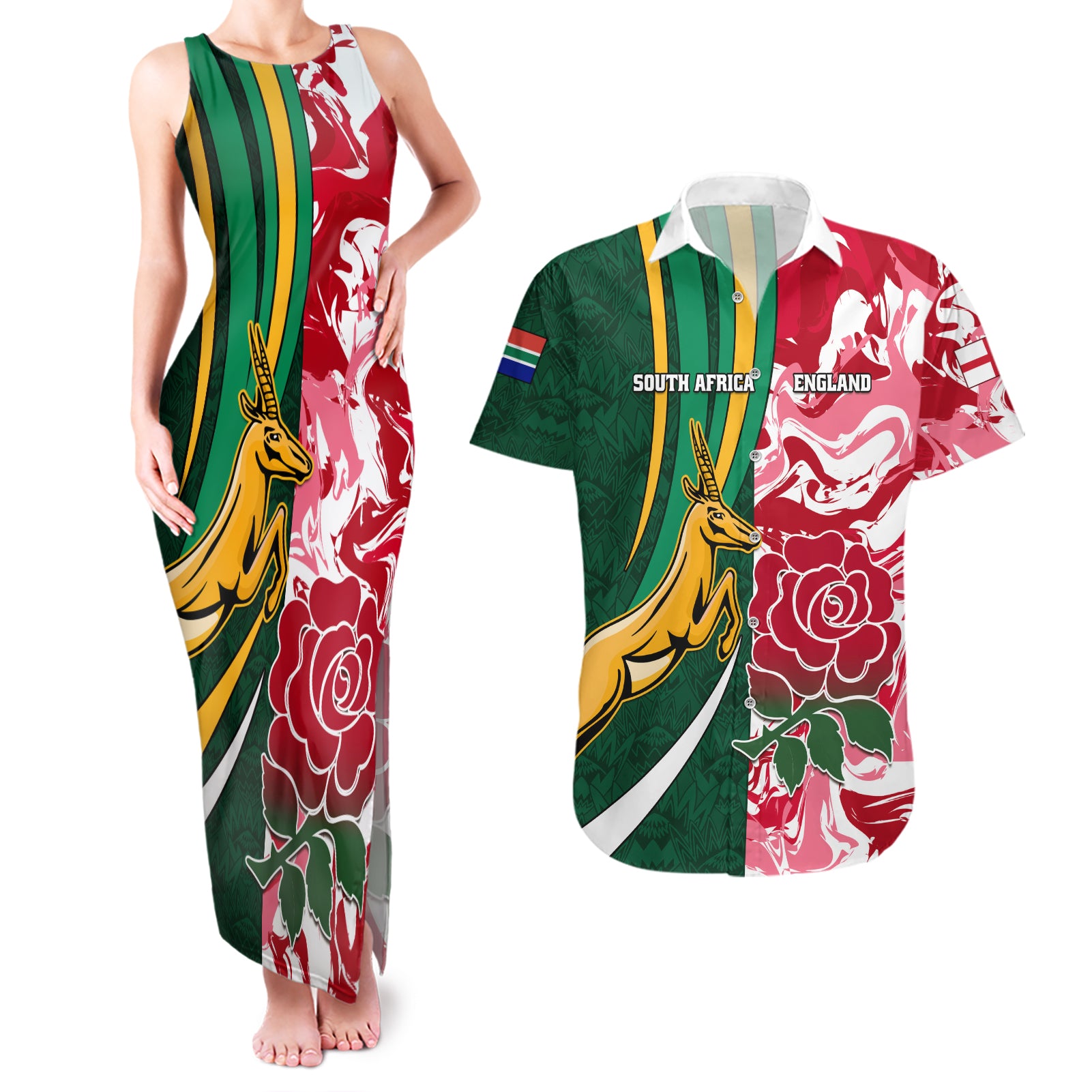 Custom South Africa and England Rugby Couples Matching Tank Maxi Dress and Hawaiian Shirt The Red Rose Protea Pattern - Wonder Print Shop