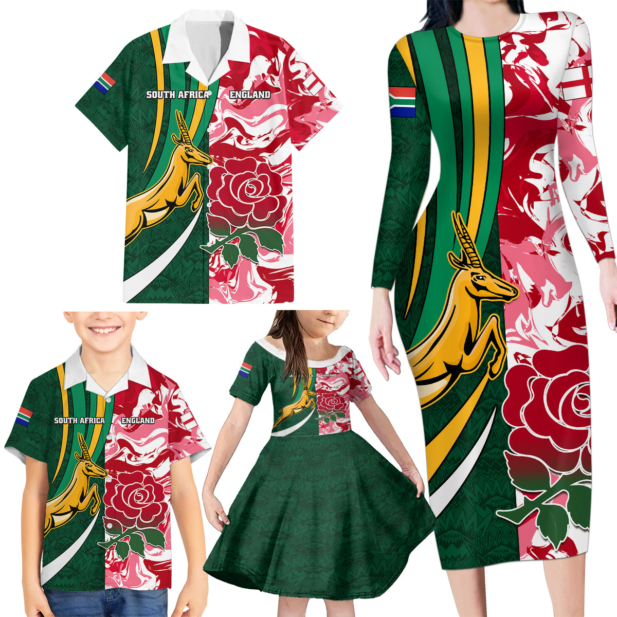 Custom South Africa and England Rugby Family Matching Long Sleeve Bodycon Dress and Hawaiian Shirt The Red Rose Protea Pattern - Wonder Print Shop