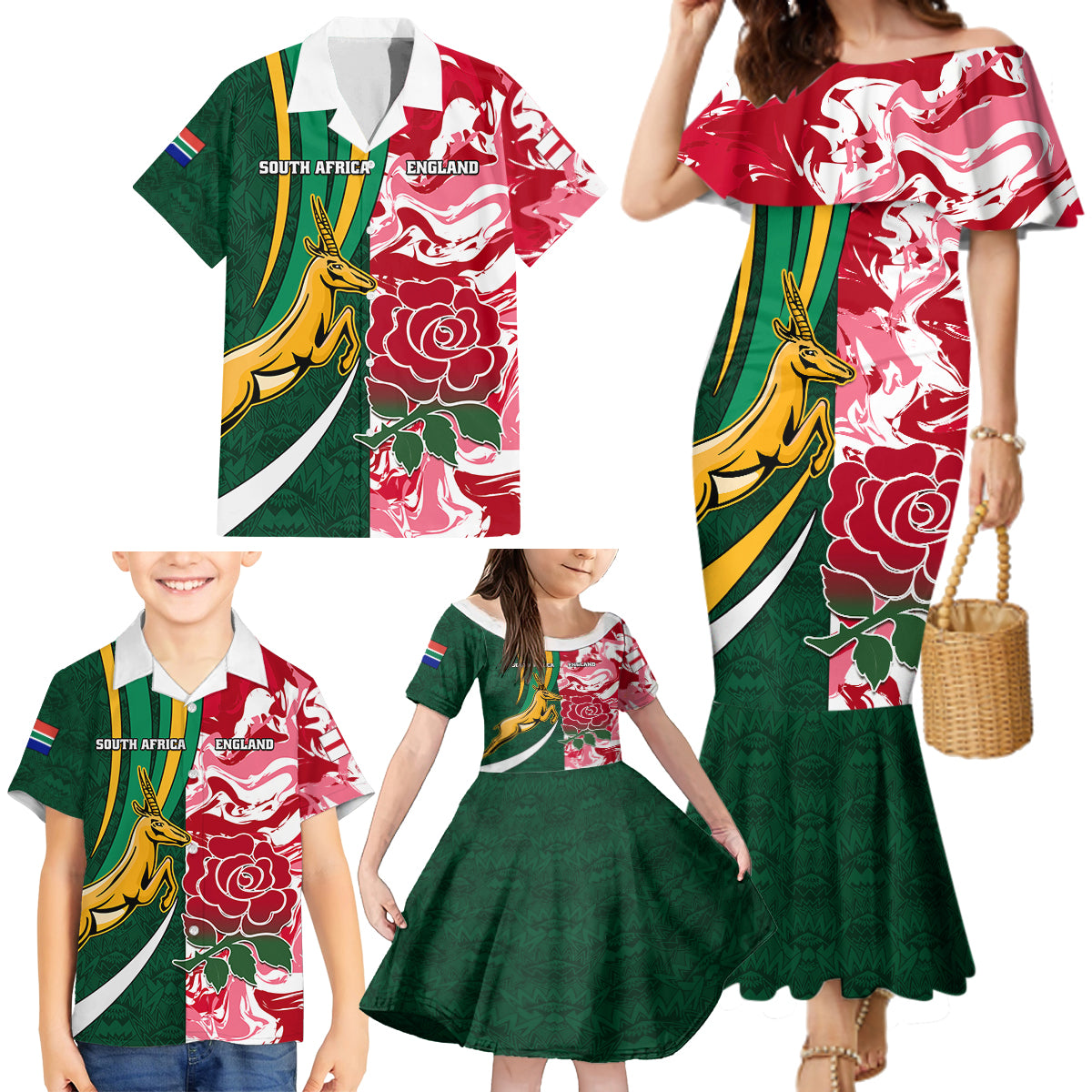 Custom South Africa and England Rugby Family Matching Mermaid Dress and Hawaiian Shirt The Red Rose Protea Pattern - Wonder Print Shop