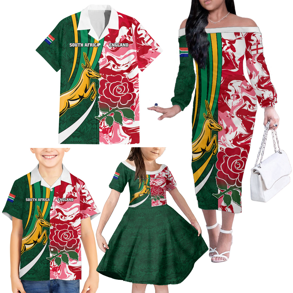 Custom South Africa and England Rugby Family Matching Off Shoulder Long Sleeve Dress and Hawaiian Shirt The Red Rose Protea Pattern - Wonder Print Shop