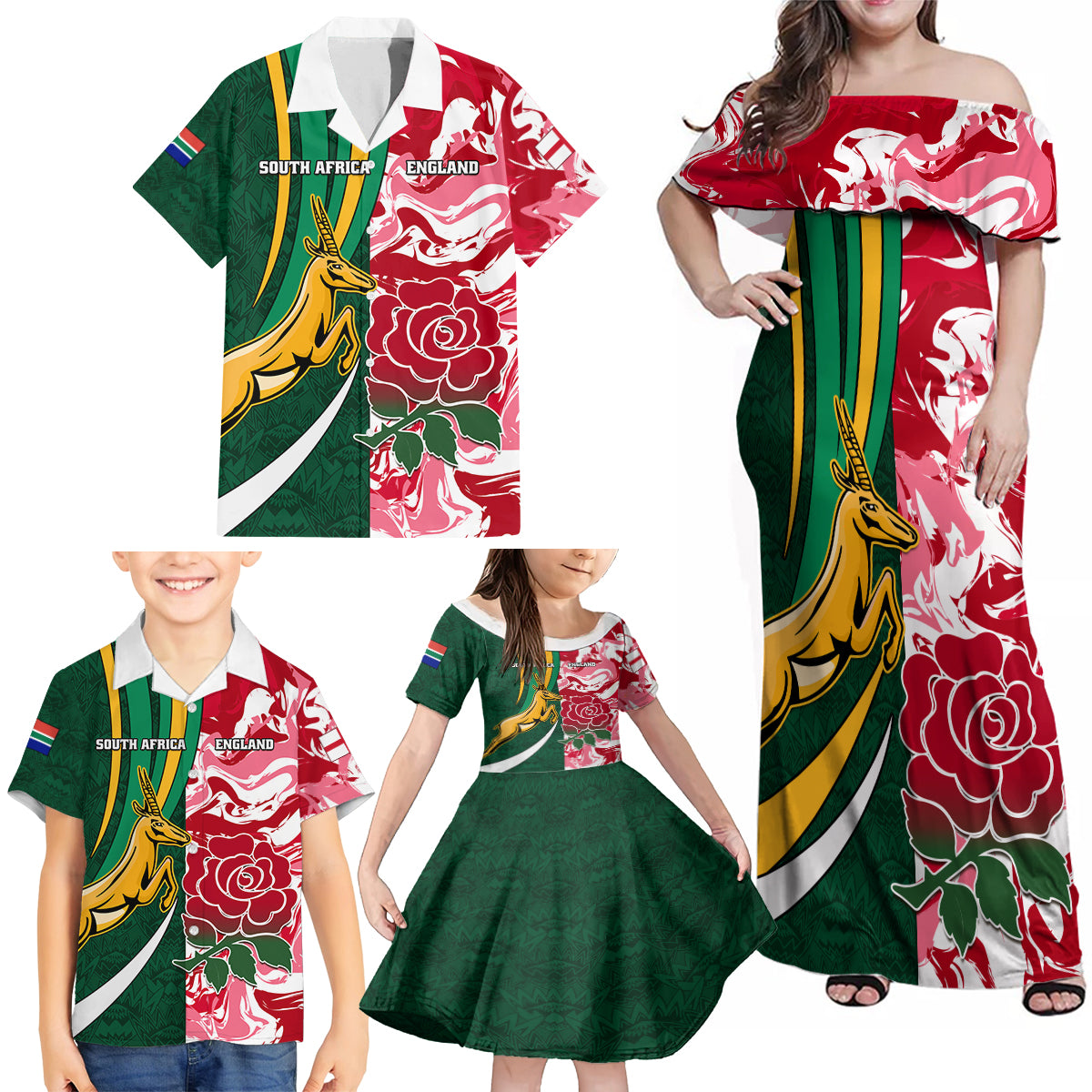 Custom South Africa and England Rugby Family Matching Off Shoulder Maxi Dress and Hawaiian Shirt The Red Rose Protea Pattern - Wonder Print Shop