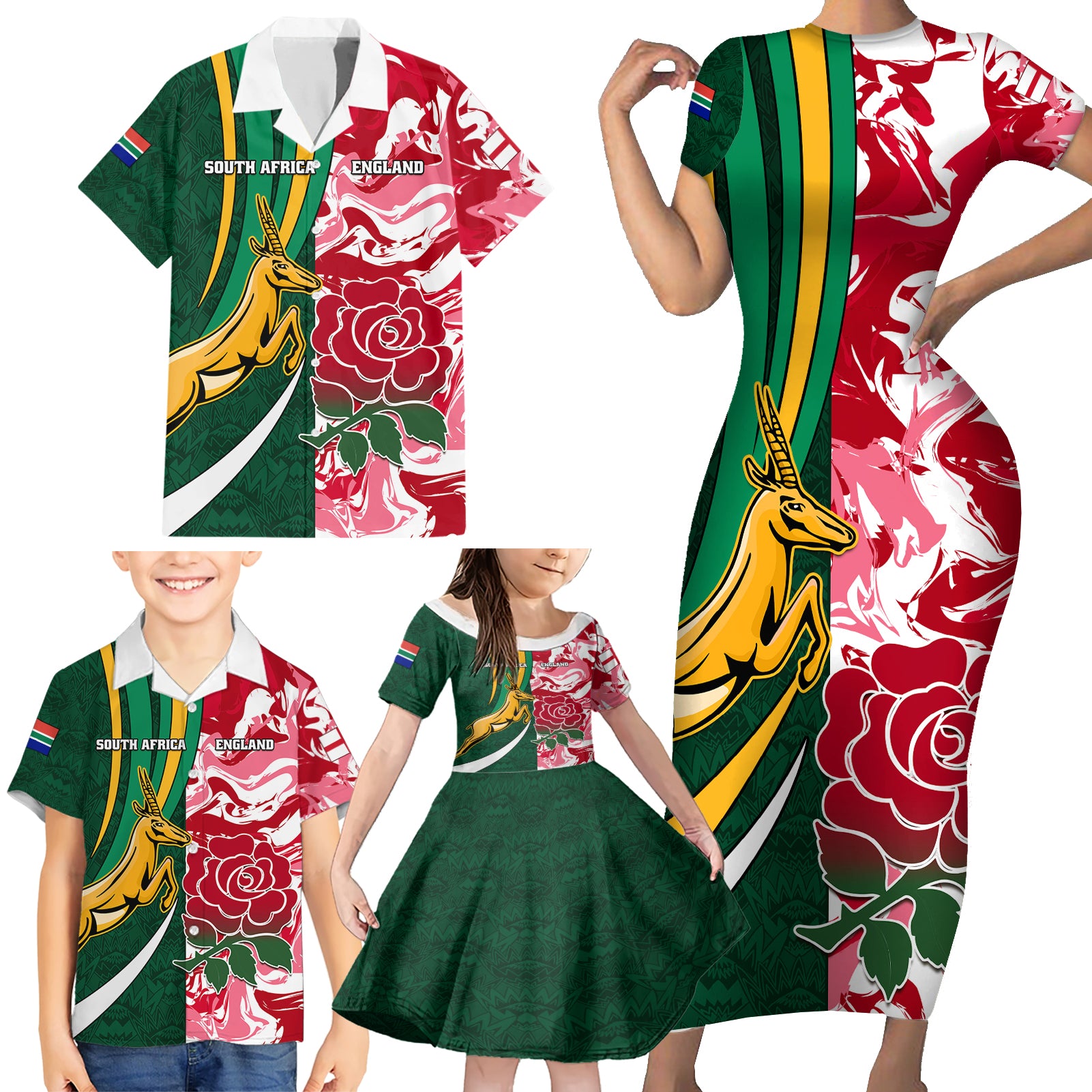 Custom South Africa and England Rugby Family Matching Short Sleeve Bodycon Dress and Hawaiian Shirt The Red Rose Protea Pattern - Wonder Print Shop