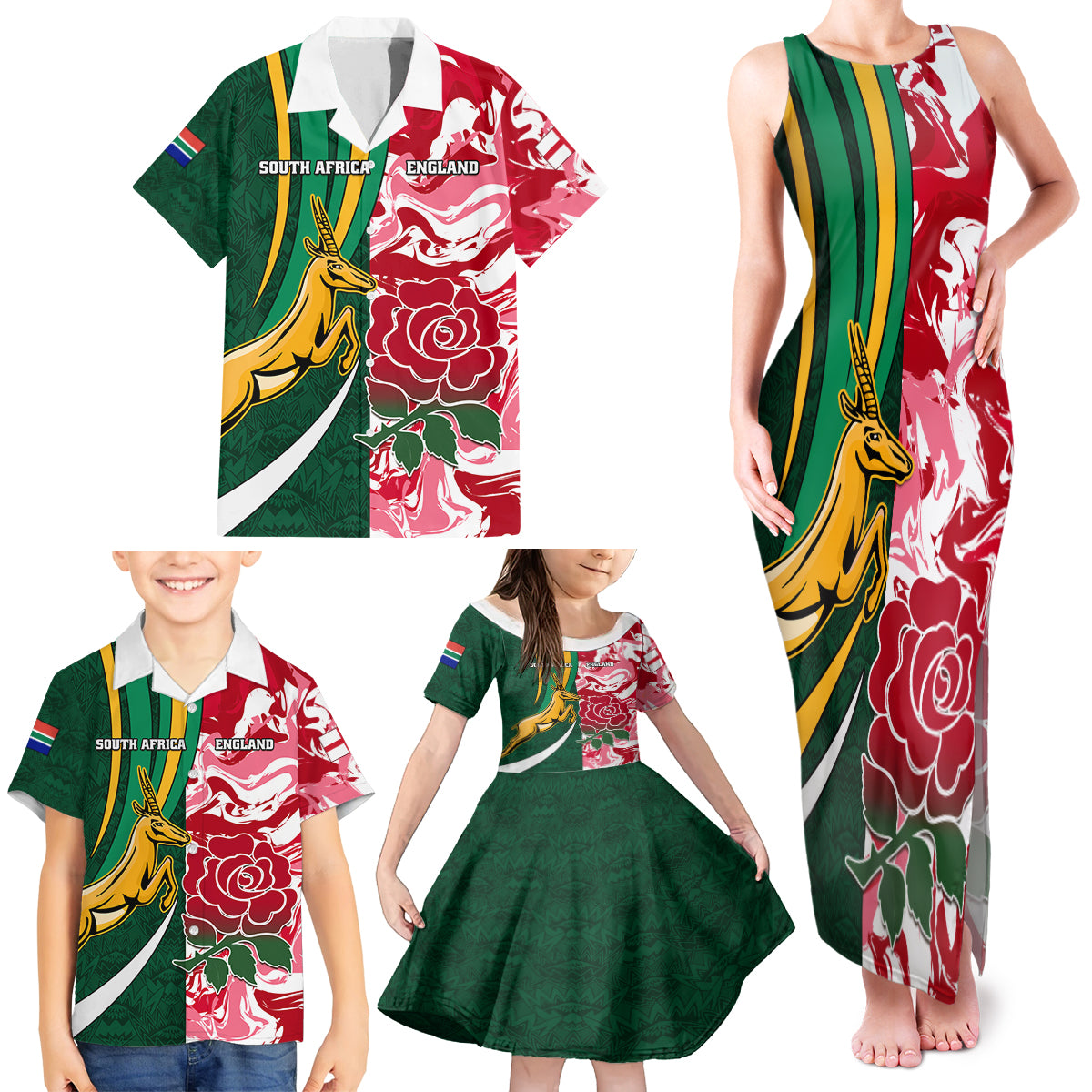 Custom South Africa and England Rugby Family Matching Tank Maxi Dress and Hawaiian Shirt The Red Rose Protea Pattern - Wonder Print Shop