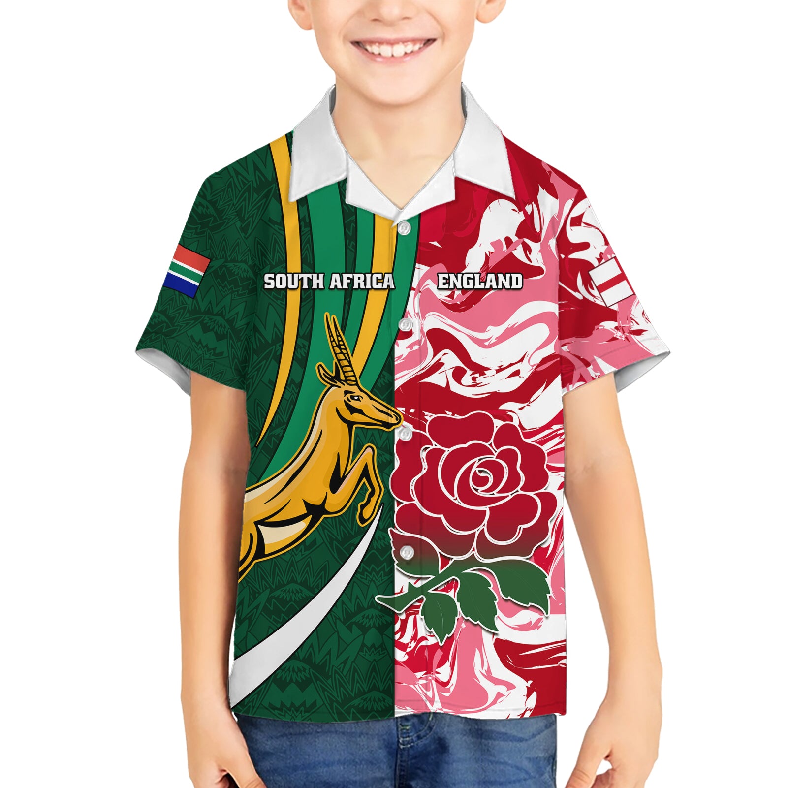 Custom South Africa and England Rugby Kid Hawaiian Shirt The Red Rose Protea Pattern - Wonder Print Shop