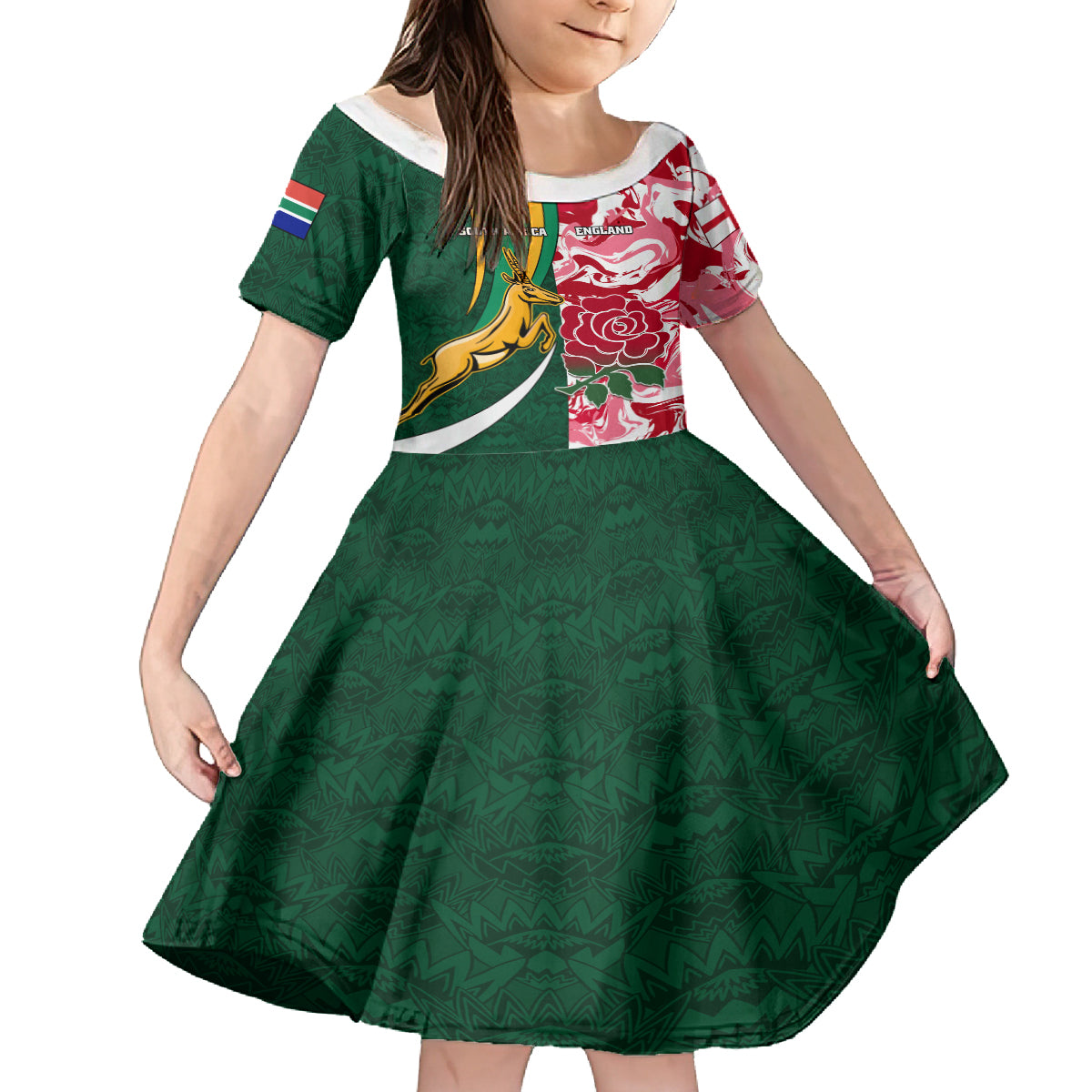 Custom South Africa and England Rugby Kid Short Sleeve Dress The Red Rose Protea Pattern - Wonder Print Shop