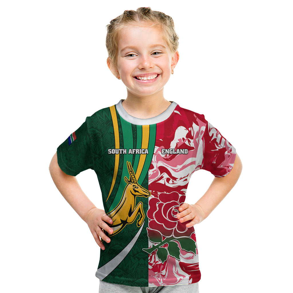 Custom South Africa and England Rugby Kid T Shirt The Red Rose Protea Pattern - Wonder Print Shop