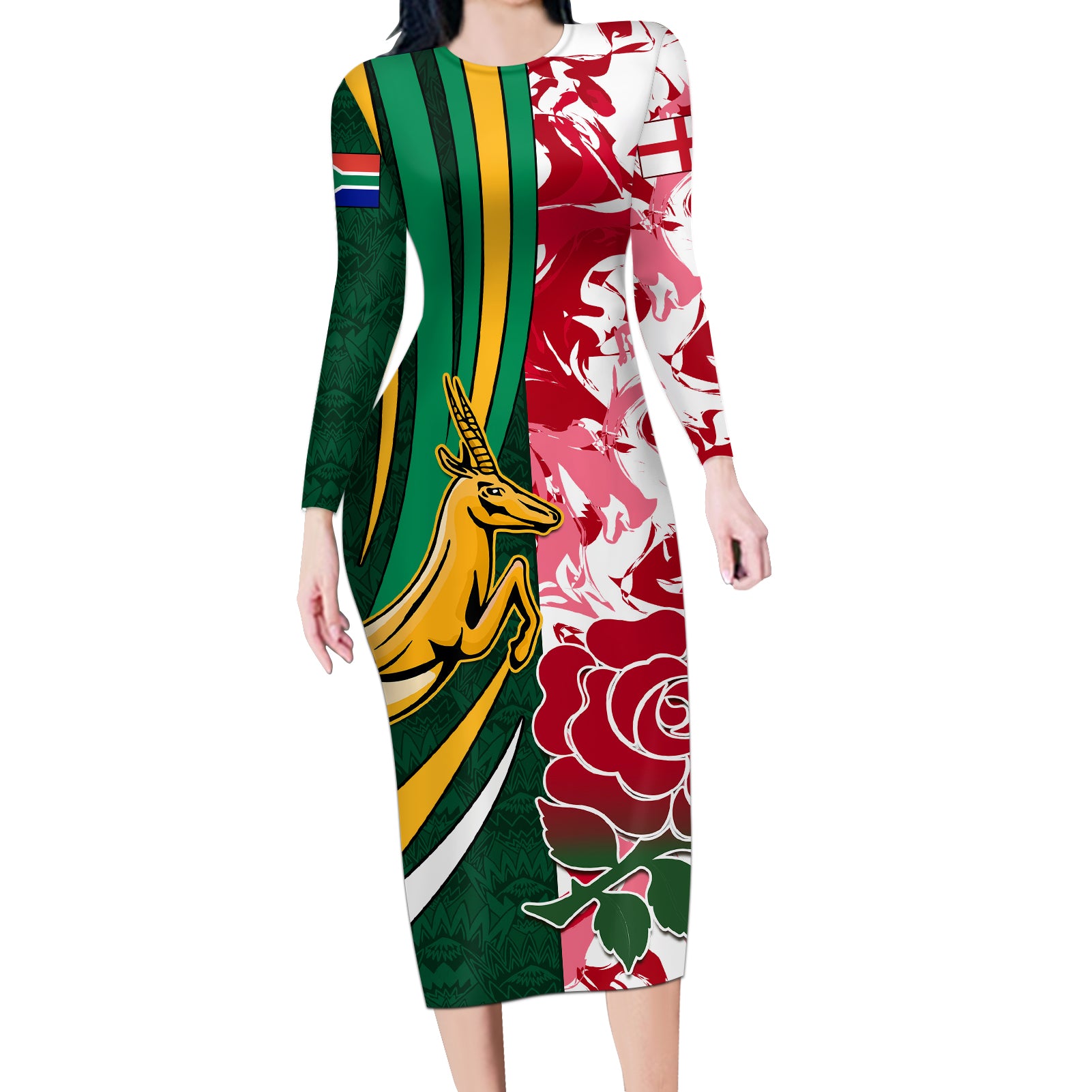 Custom South Africa and England Rugby Long Sleeve Bodycon Dress The Red Rose Protea Pattern - Wonder Print Shop