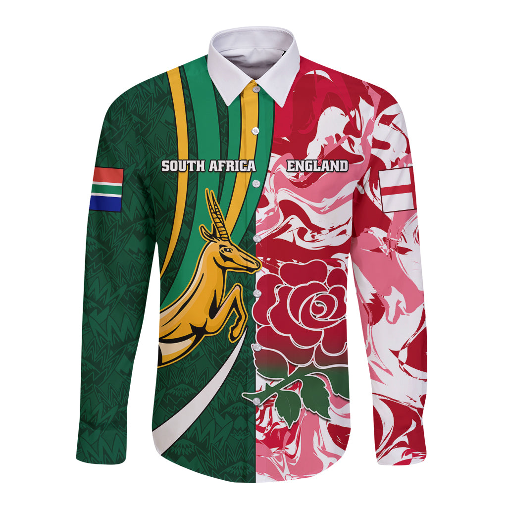 Long-sleeve rugby button shirt, red and green half panels with emblems and flags