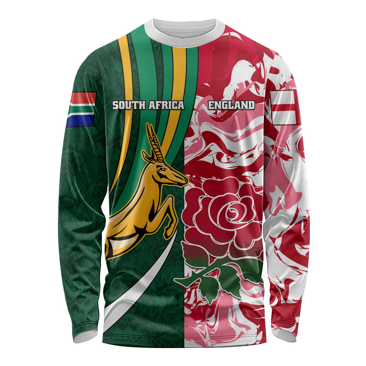 Custom South Africa and England Rugby Long Sleeve Shirt The Red Rose Protea Pattern - Wonder Print Shop