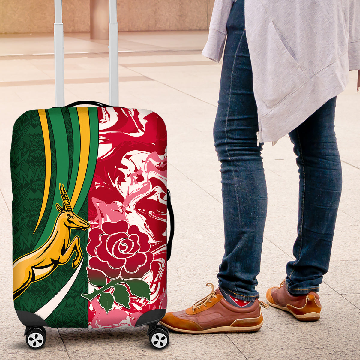 Custom South Africa and England Rugby Luggage Cover The Red Rose Protea Pattern - Wonder Print Shop