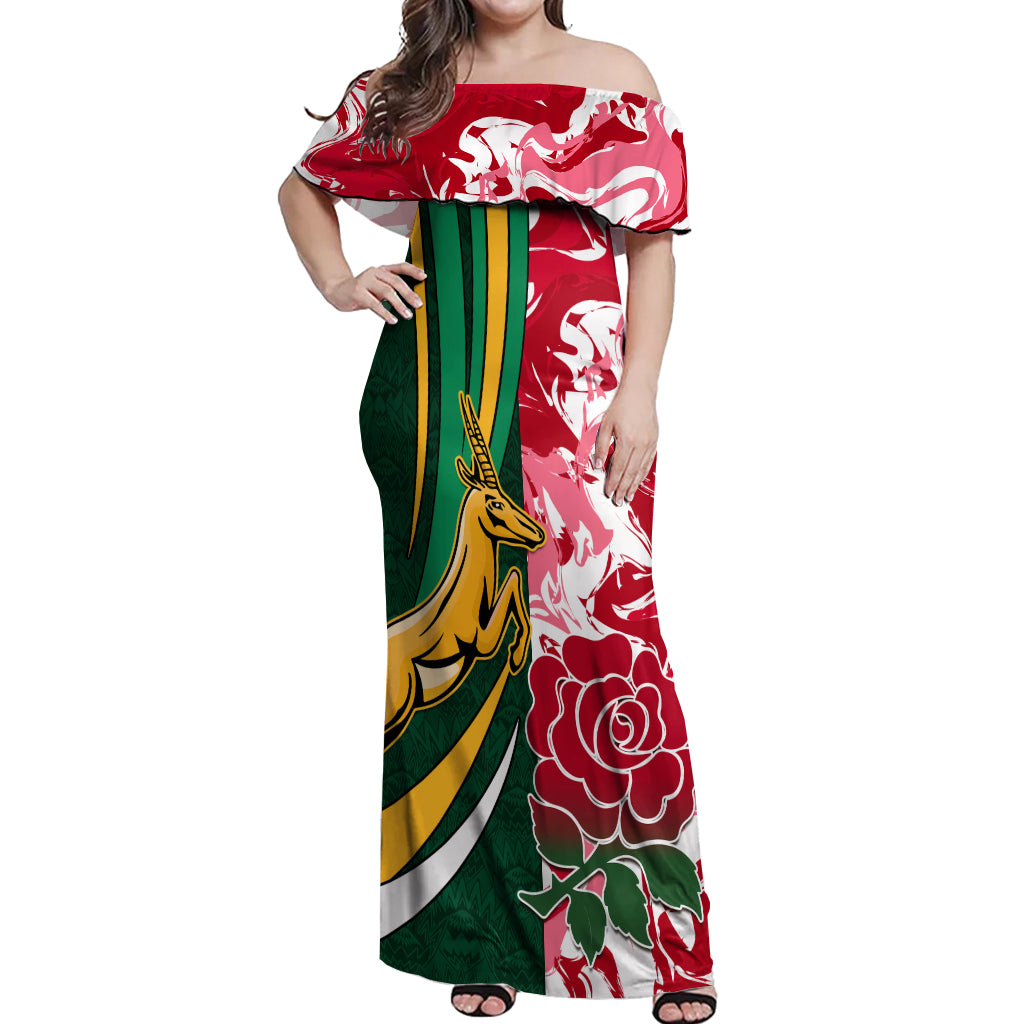 Custom South Africa and England Rugby Off Shoulder Maxi Dress The Red Rose Protea Pattern - Wonder Print Shop