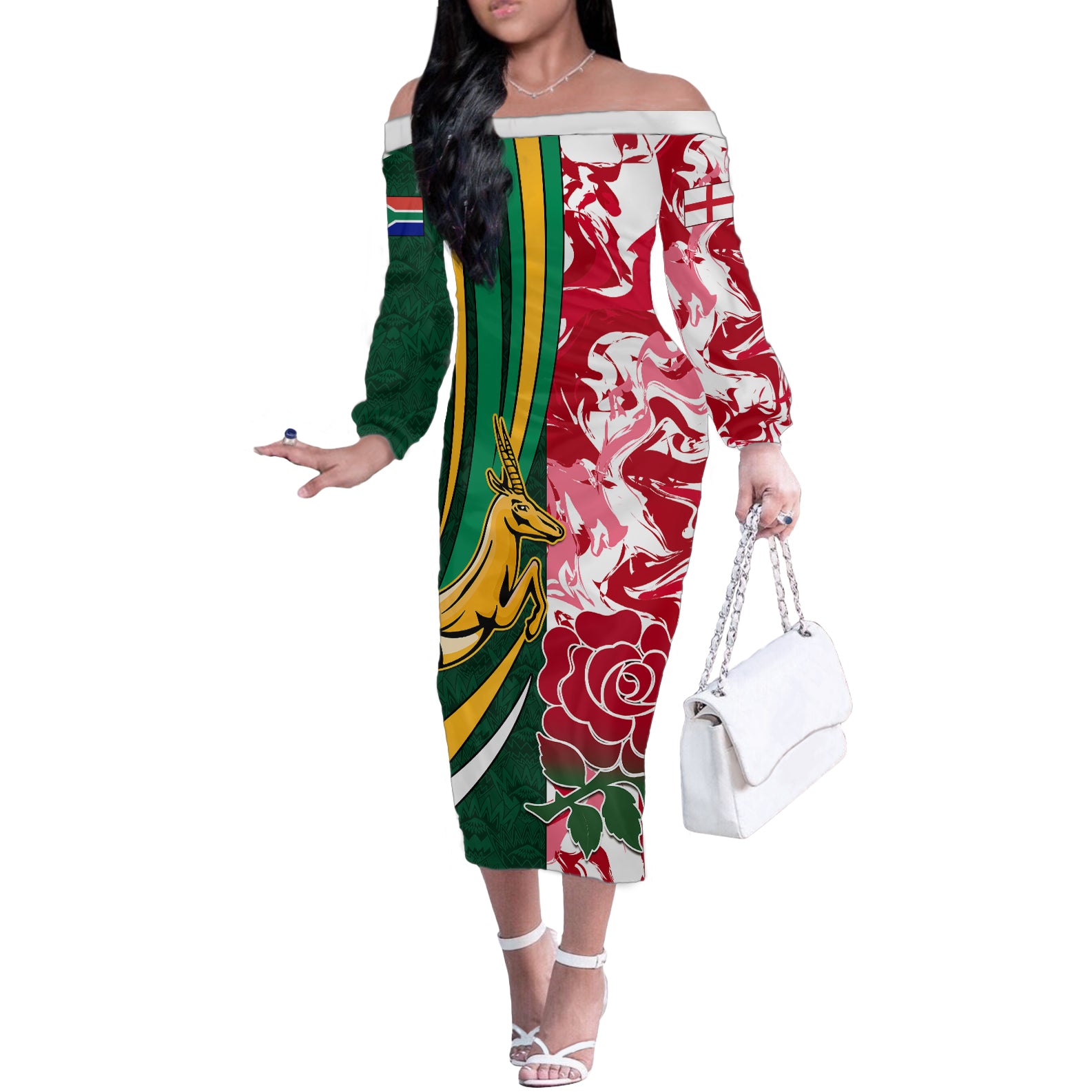 Custom South Africa and England Rugby Off The Shoulder Long Sleeve Dress The Red Rose Protea Pattern - Wonder Print Shop