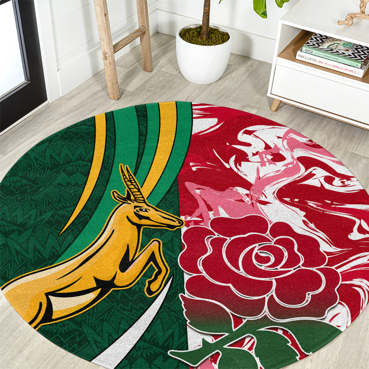 Round area rug with green deer and red rose graphic, yellow accents, and white border