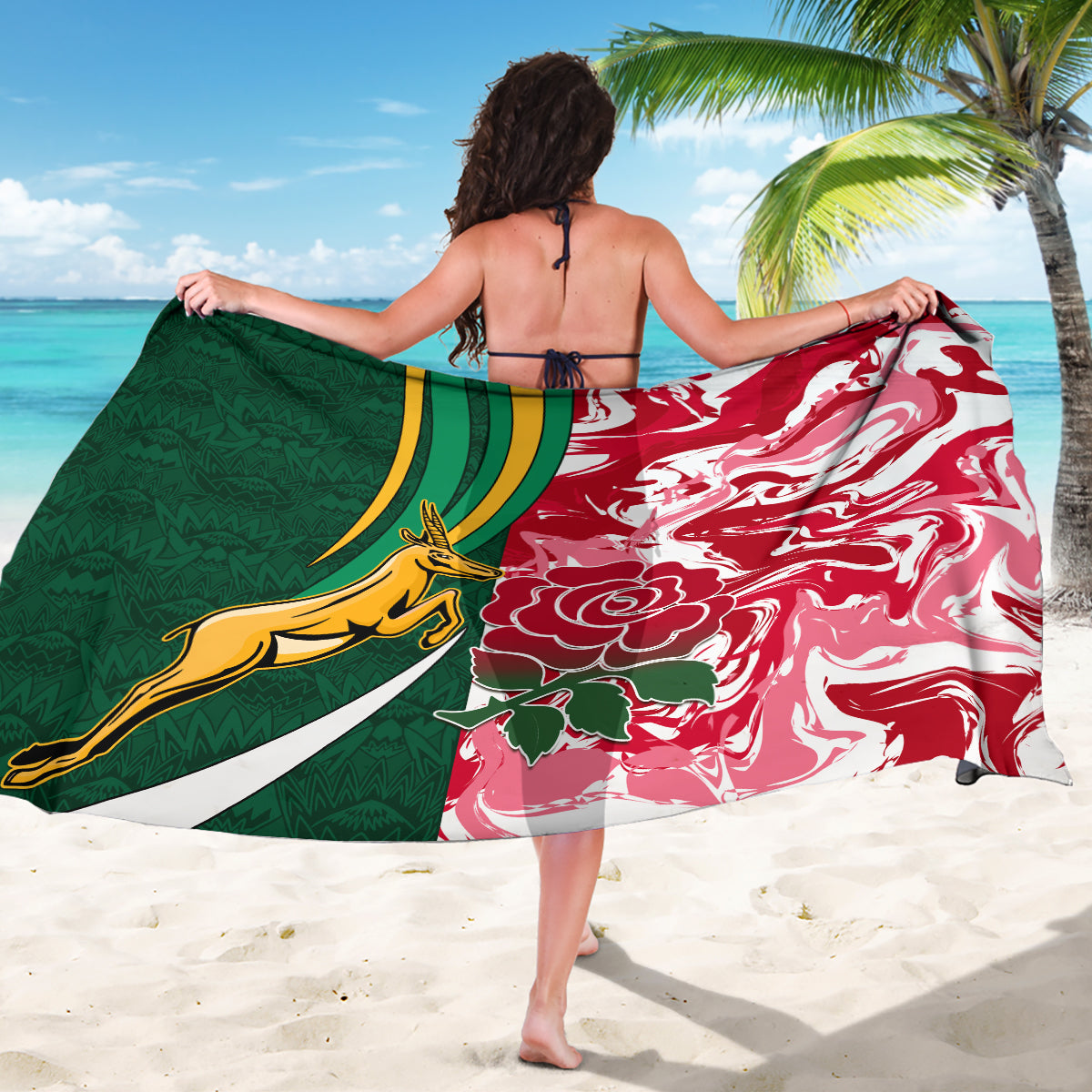 Bicolor rugby sarong with green side panel, red floral swirls, and yellow animal emblem