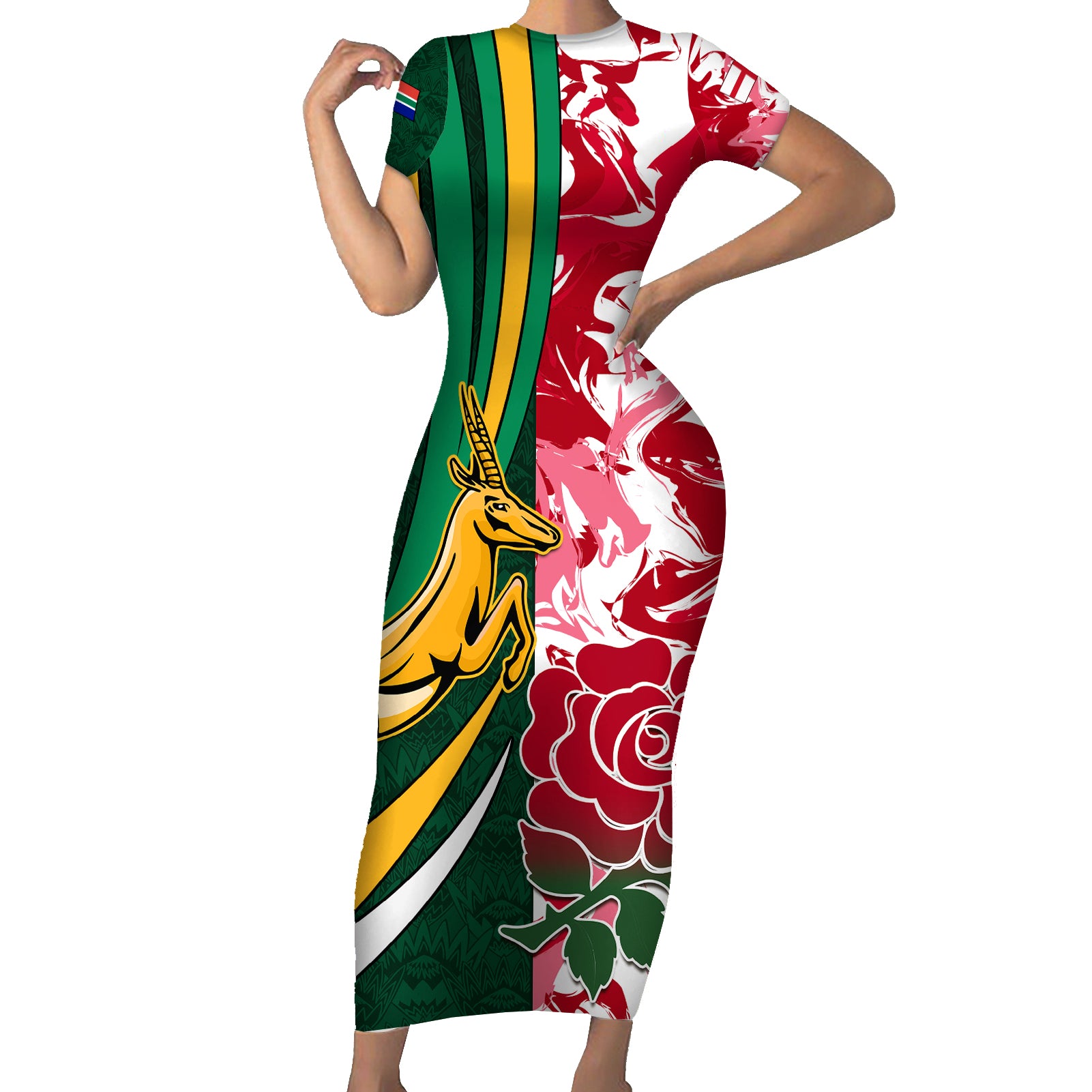 custom-south-africa-and-england-rugby-short-sleeve-bodycon-dress-the-red-rose-protea-pattern