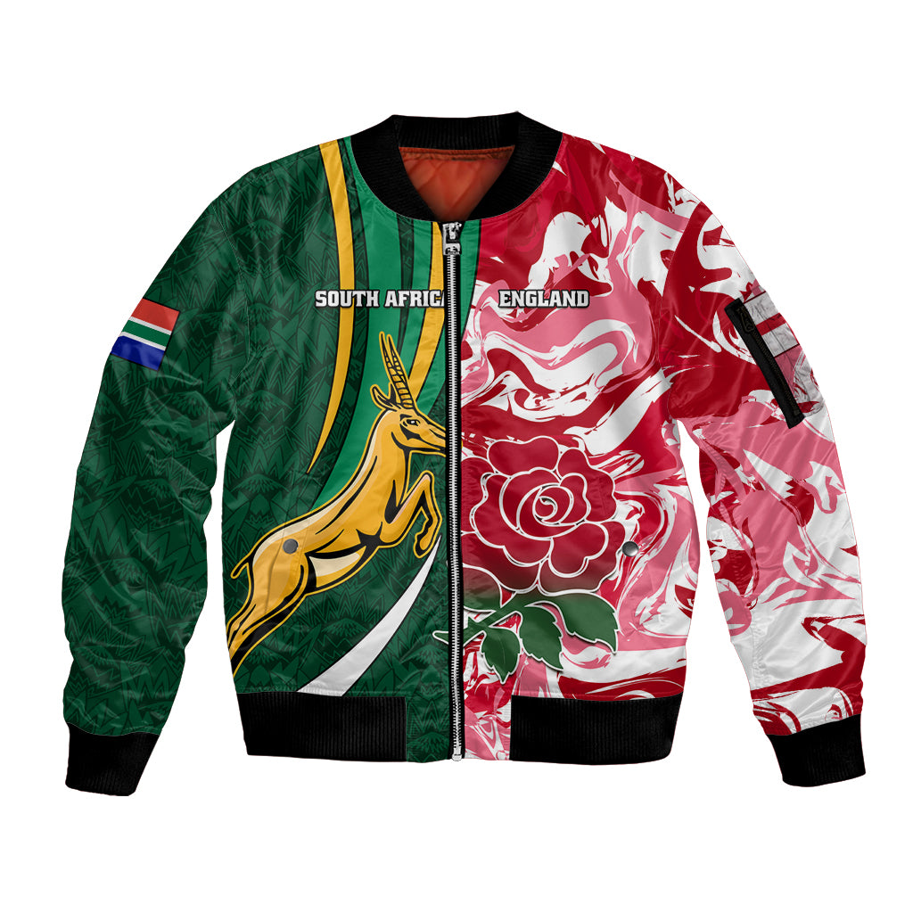 Custom South Africa and England Rugby Sleeve Zip Bomber Jacket The Red Rose Protea Pattern - Wonder Print Shop