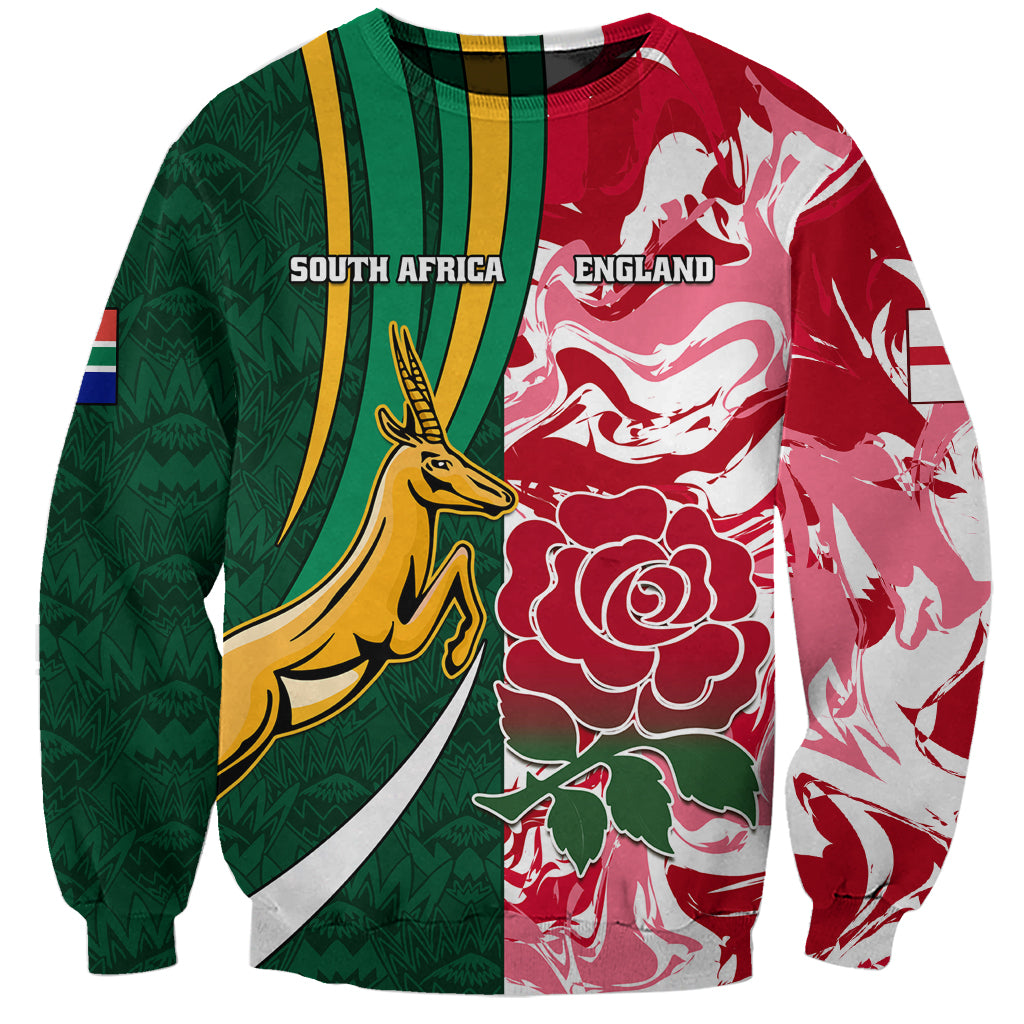 Unisex rugby sweatshirt in red and green with South Africa and England emblems, long sleeves
