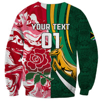 Unisex rugby sweatshirt in red and green with 'YOUR TEXT' and number 01, long sleeves