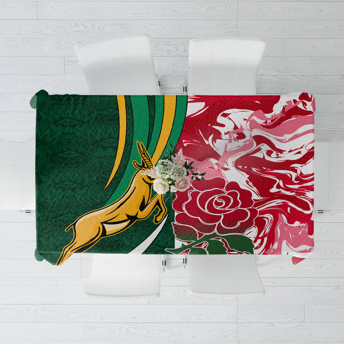 Tablecloth with green and red rugby crest pattern, gold swoosh and white details