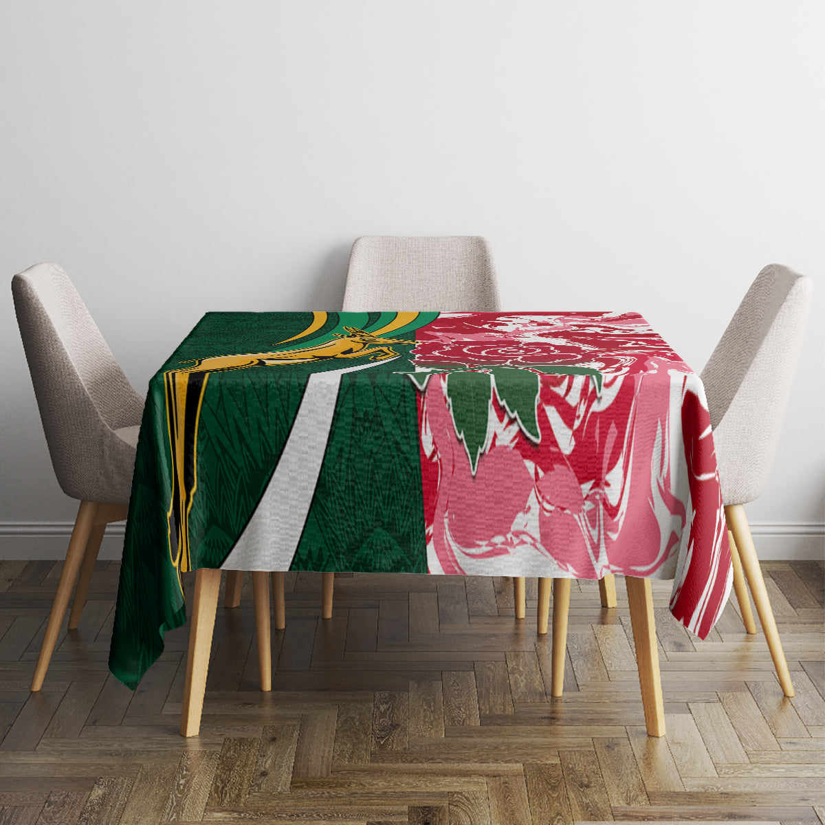 Square tablecloth with green and red rugby-themed design and white diagonal stripe
