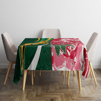 Square tablecloth with green and red rugby-themed design and white diagonal stripe