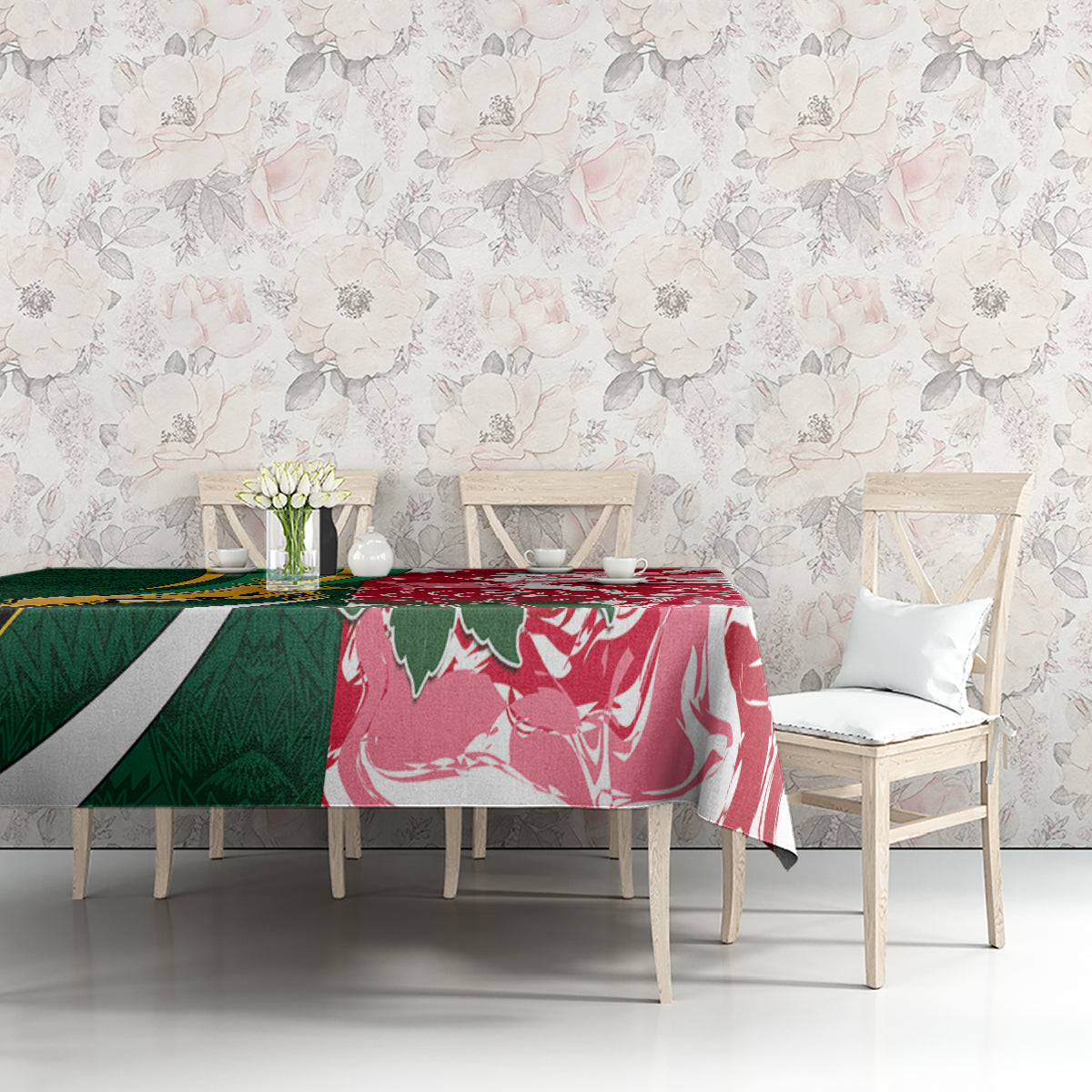 Tablecloth on bench with green side panel and red white swirl pattern
