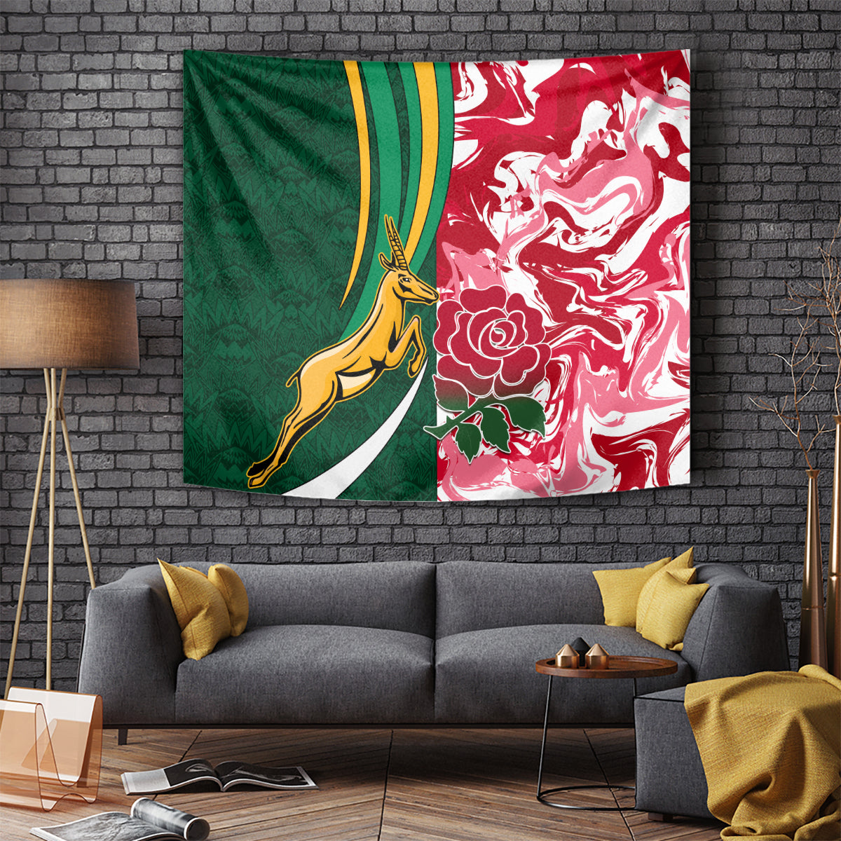 Rugby-themed tapestry with green and red panels, yellow kangaroo, and rose and leaf motifs