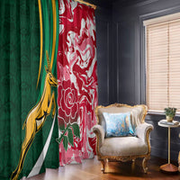 Green and red rugby window curtain with crest and white floral swirls, full length