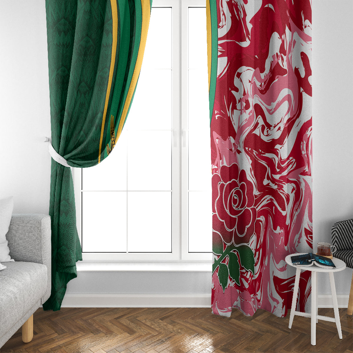 Red rugby window curtain with white rose-and-leaf pattern, hanging at window