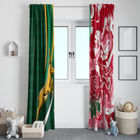 Green and red rugby window curtains with crest motif and white floral pattern, full height
