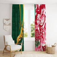 Green and red rugby window curtains with striped accents and white floral design