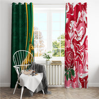 Green and red rugby window curtains with crest motif and white floral swirls, floor length