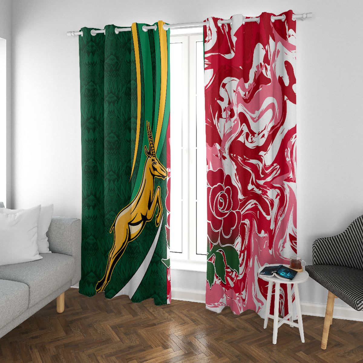 Green and red rugby window curtains with crest and rose motif, hanging near seating