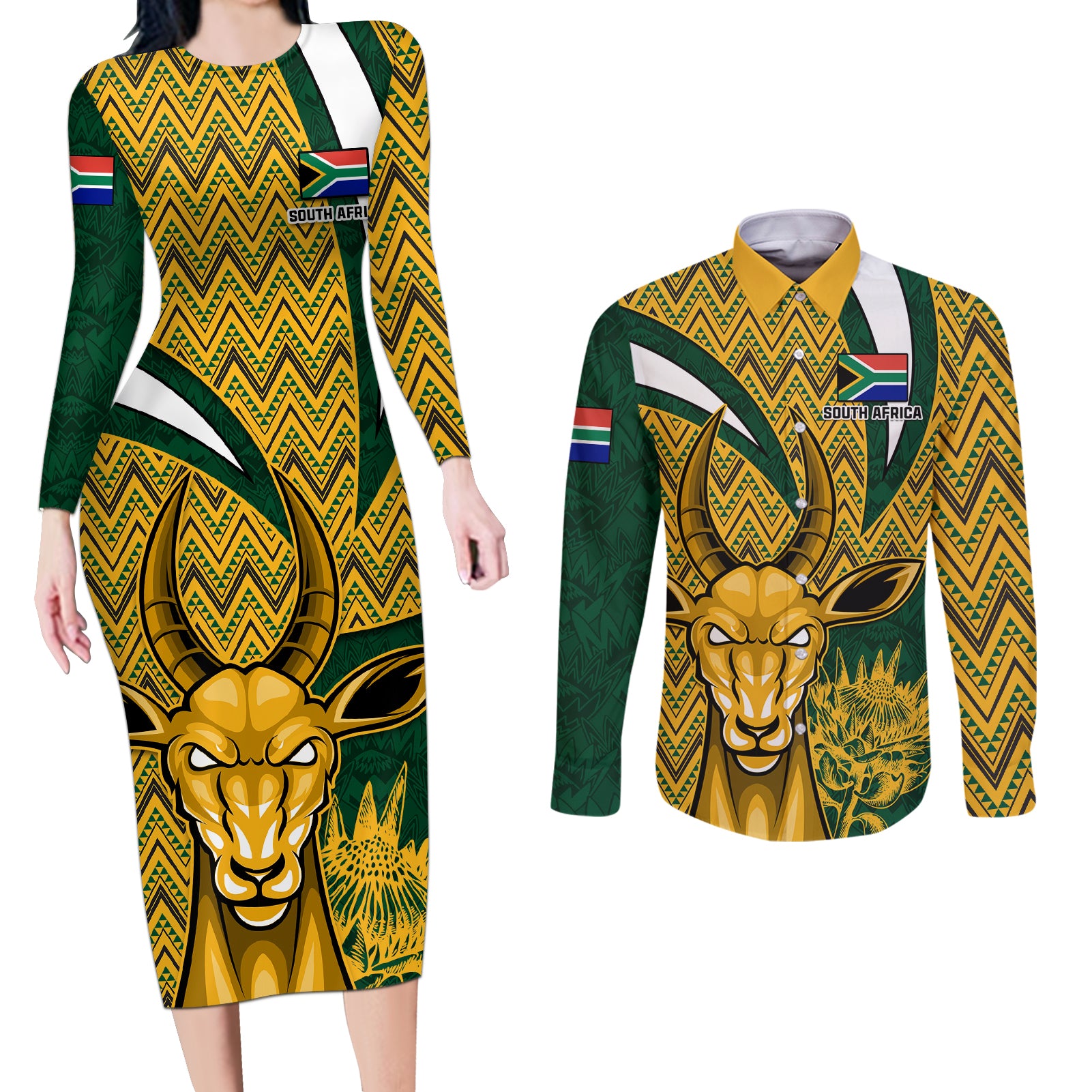 Custom South Africa Rugby Couples Matching Long Sleeve Bodycon Dress and Long Sleeve Button Shirt Come On Bokke Champion World Cup 2023 - Wonder Print Shop