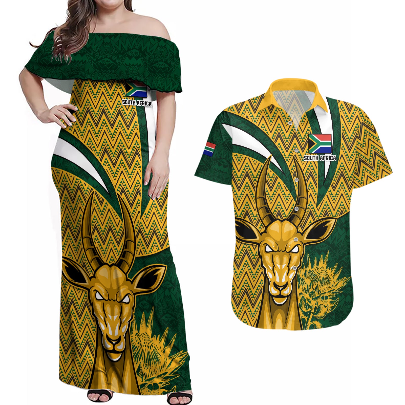 Custom South Africa Rugby Couples Matching Off Shoulder Maxi Dress and Hawaiian Shirt Come On Bokke Champion World Cup 2023 - Wonder Print Shop