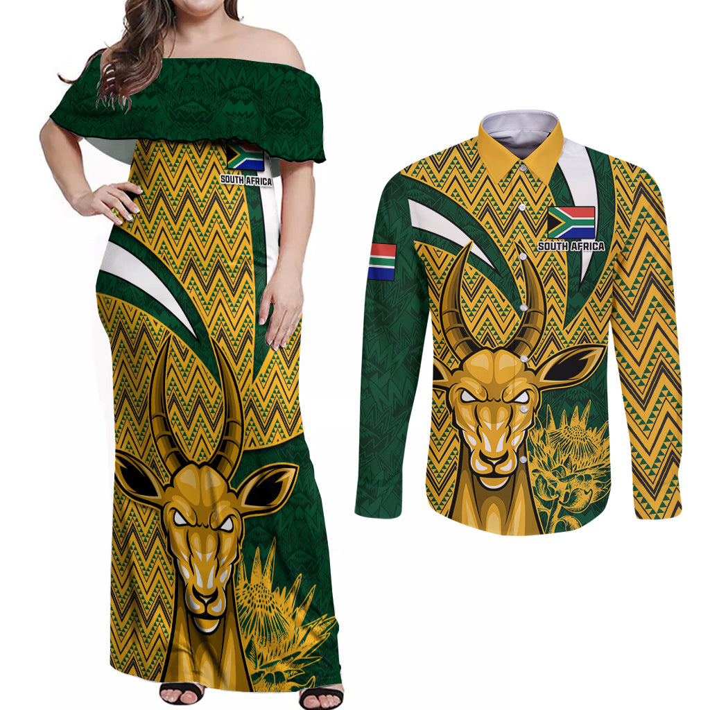 Custom South Africa Rugby Couples Matching Off Shoulder Maxi Dress and Long Sleeve Button Shirt Come On Bokke Champion World Cup 2023 - Wonder Print Shop