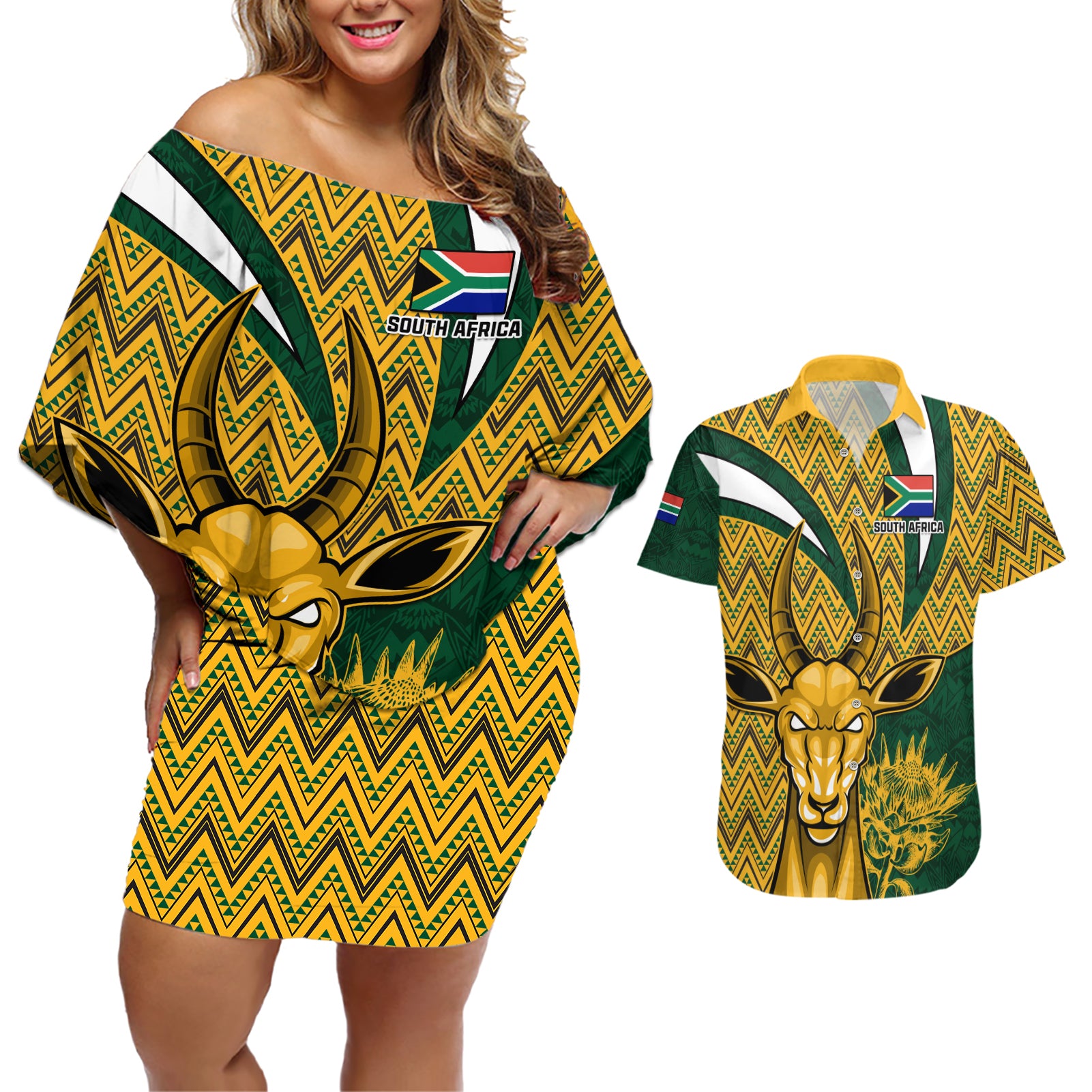 Custom South Africa Rugby Couples Matching Off Shoulder Short Dress and Hawaiian Shirt Come On Bokke Champion World Cup 2023 - Wonder Print Shop