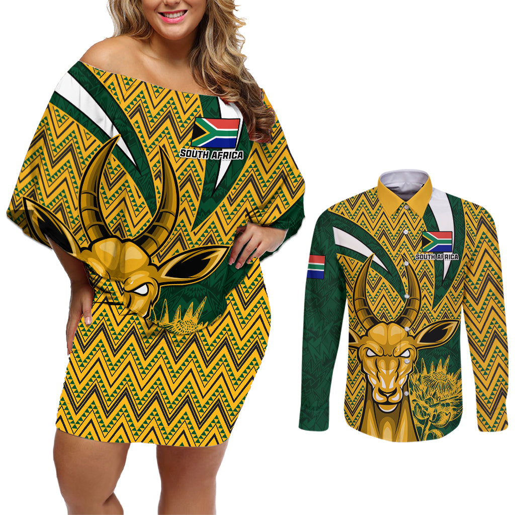 Custom South Africa Rugby Couples Matching Off Shoulder Short Dress and Long Sleeve Button Shirt Come On Bokke Champion World Cup 2023 - Wonder Print Shop