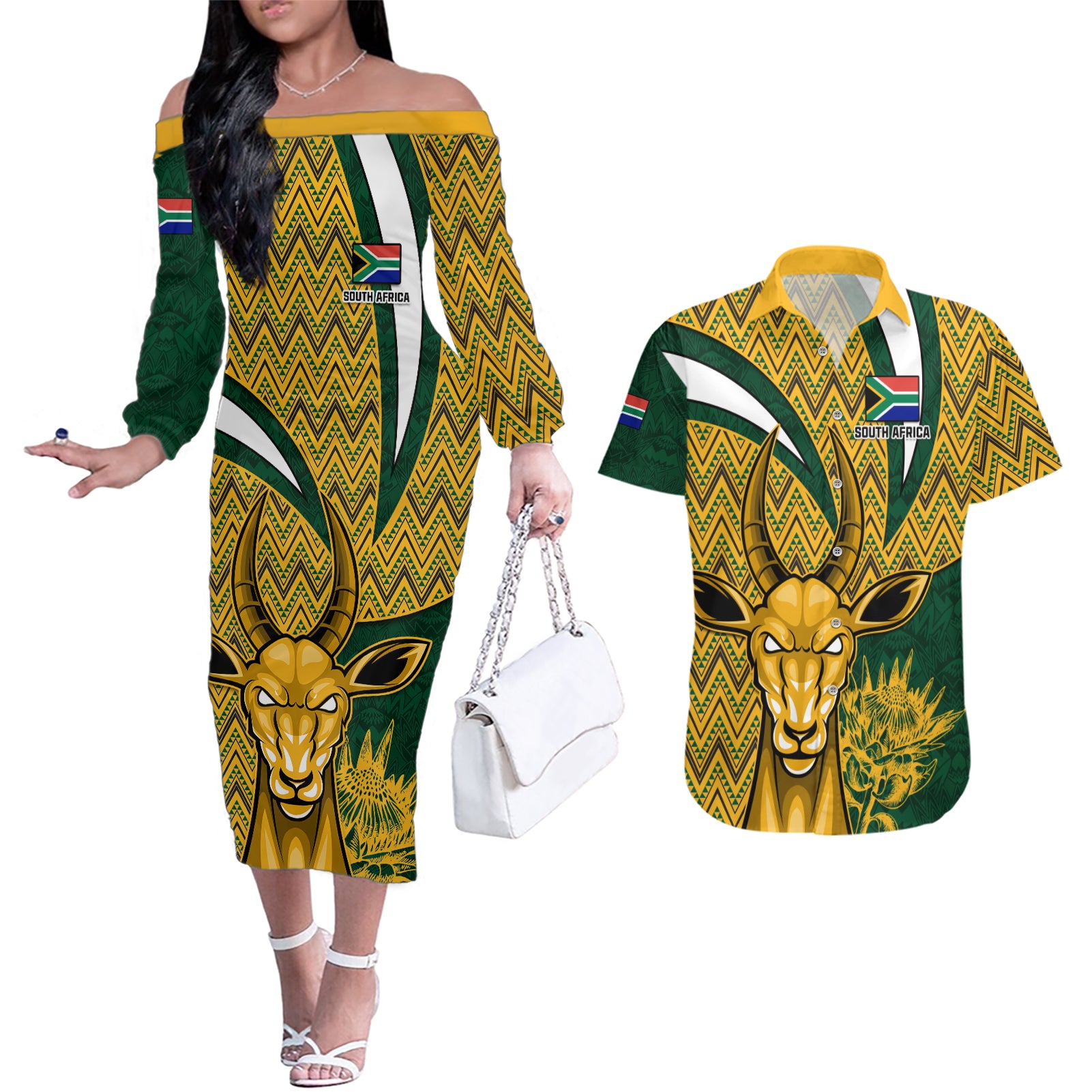 Custom South Africa Rugby Couples Matching Off The Shoulder Long Sleeve Dress and Hawaiian Shirt Come On Bokke Champion World Cup 2023 - Wonder Print Shop