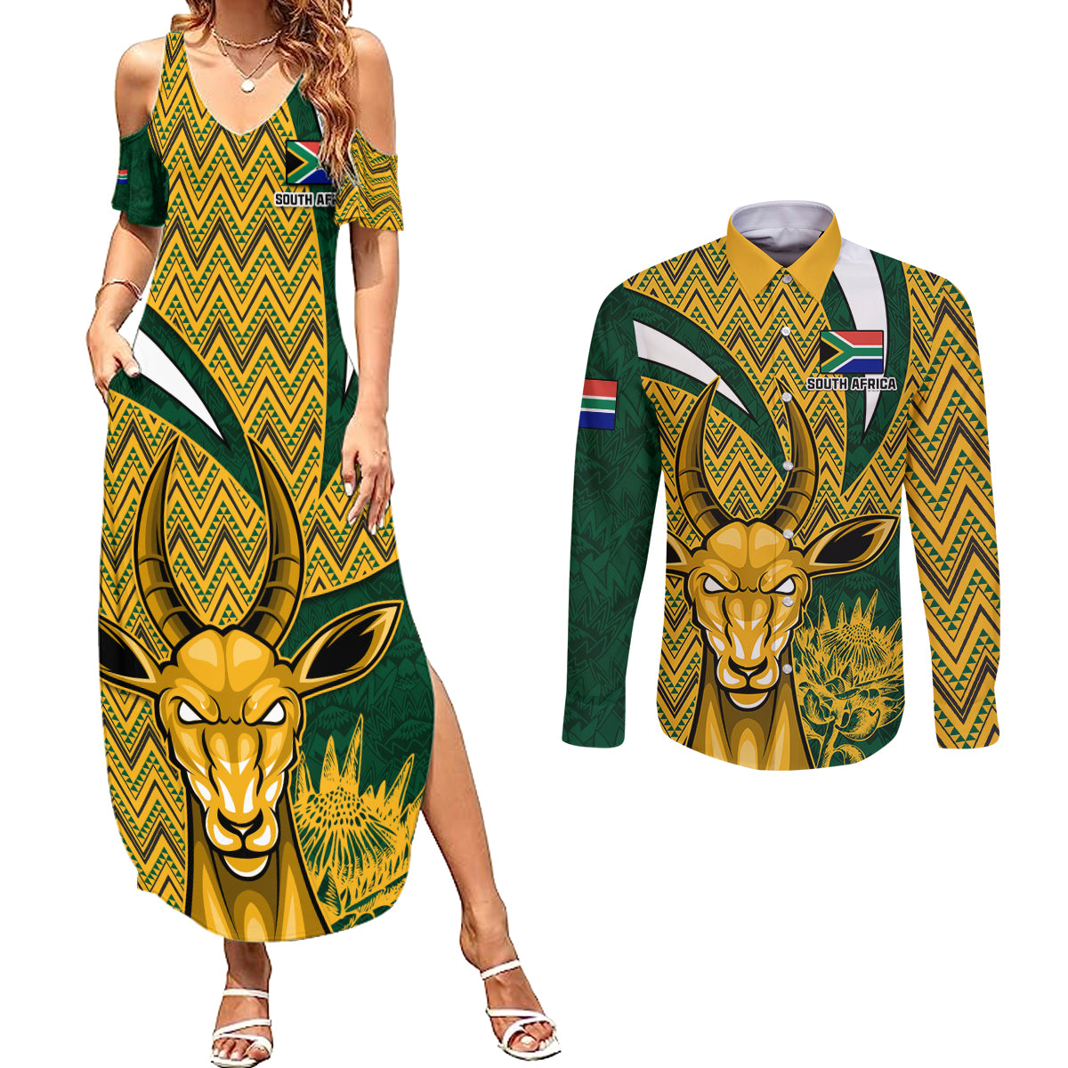 Custom South Africa Rugby Couples Matching Summer Maxi Dress and Long Sleeve Button Shirt Come On Bokke Champion World Cup 2023 - Wonder Print Shop