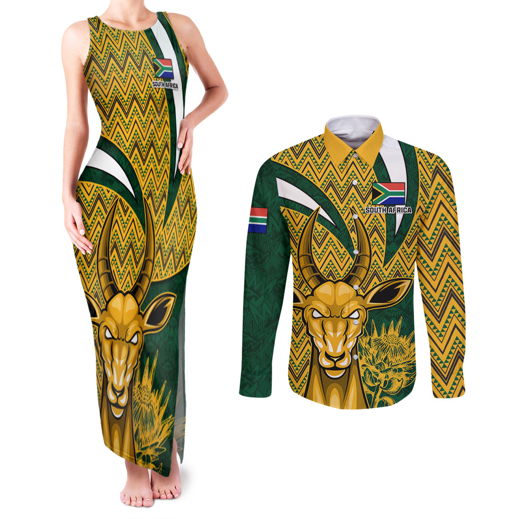 Custom South Africa Rugby Couples Matching Tank Maxi Dress and Long Sleeve Button Shirt Come On Bokke Champion World Cup 2023 - Wonder Print Shop