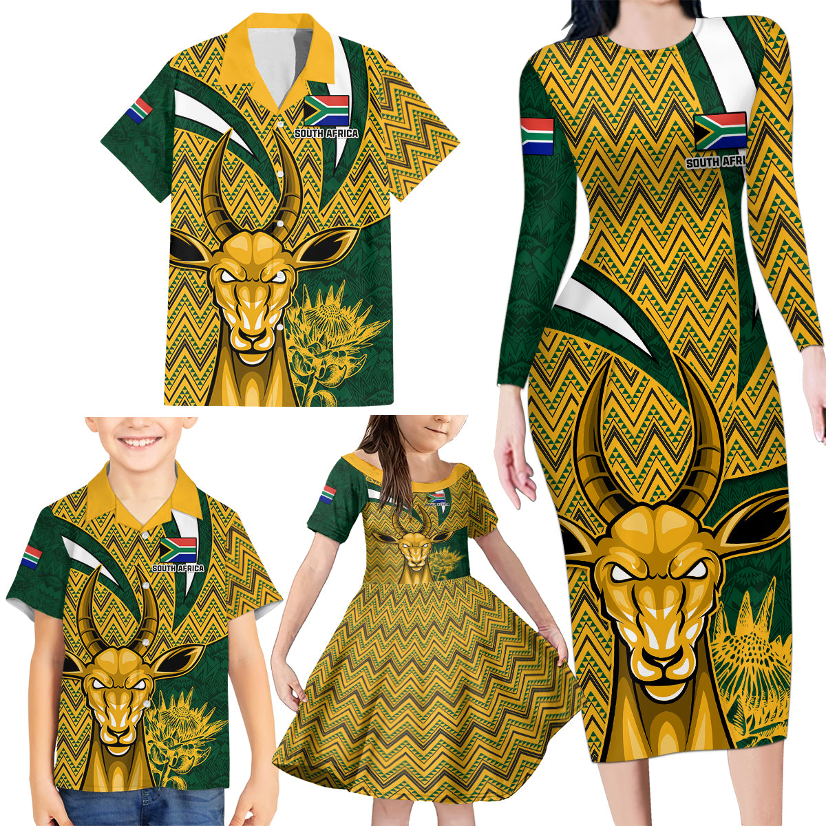 Custom South Africa Rugby Family Matching Long Sleeve Bodycon Dress and Hawaiian Shirt Come On Bokke Champion World Cup 2023 - Wonder Print Shop