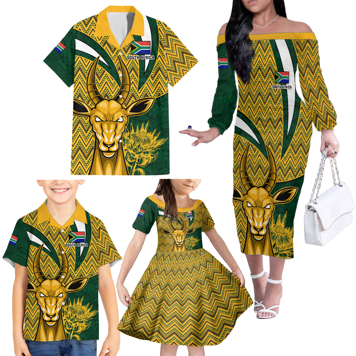 Custom South Africa Rugby Family Matching Off Shoulder Long Sleeve Dress and Hawaiian Shirt Come On Bokke Champion World Cup 2023 - Wonder Print Shop