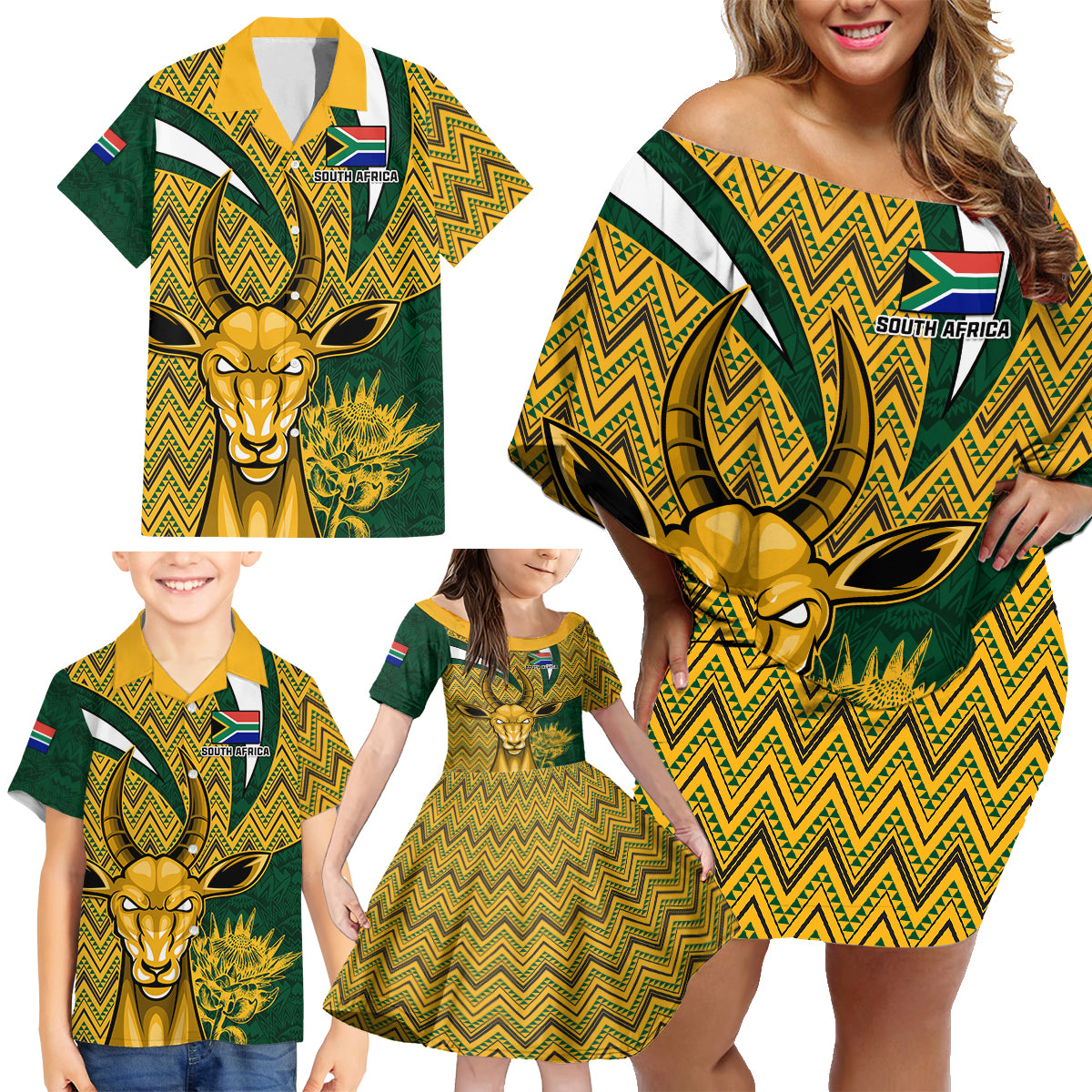 Custom South Africa Rugby Family Matching Off Shoulder Short Dress and Hawaiian Shirt Come On Bokke Champion World Cup 2023 - Wonder Print Shop