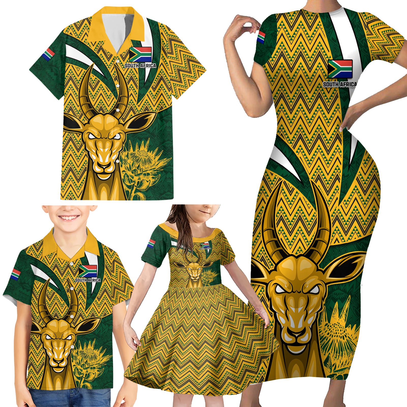 Custom South Africa Rugby Family Matching Short Sleeve Bodycon Dress and Hawaiian Shirt Come On Bokke Champion World Cup 2023 - Wonder Print Shop