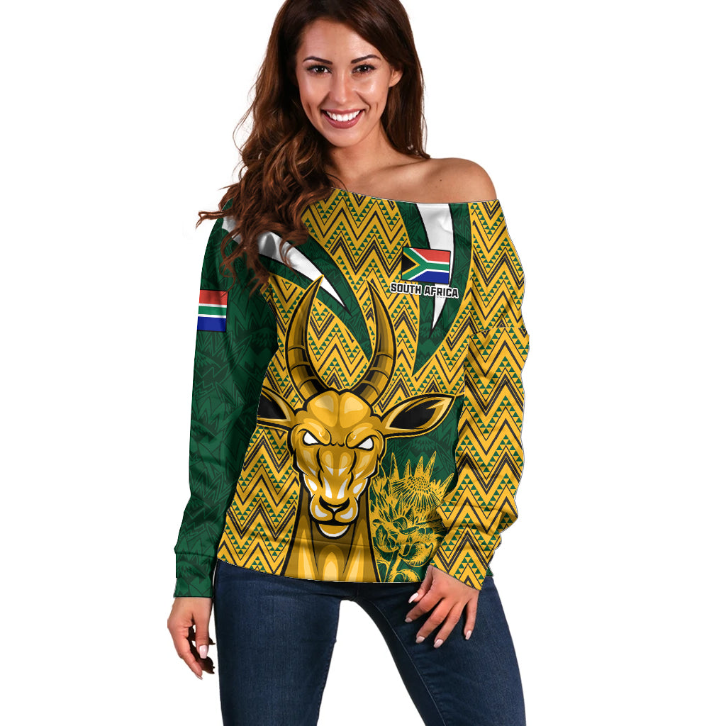 Custom South Africa Rugby Off Shoulder Sweater Come On Bokke Champion World Cup 2023 - Wonder Print Shop