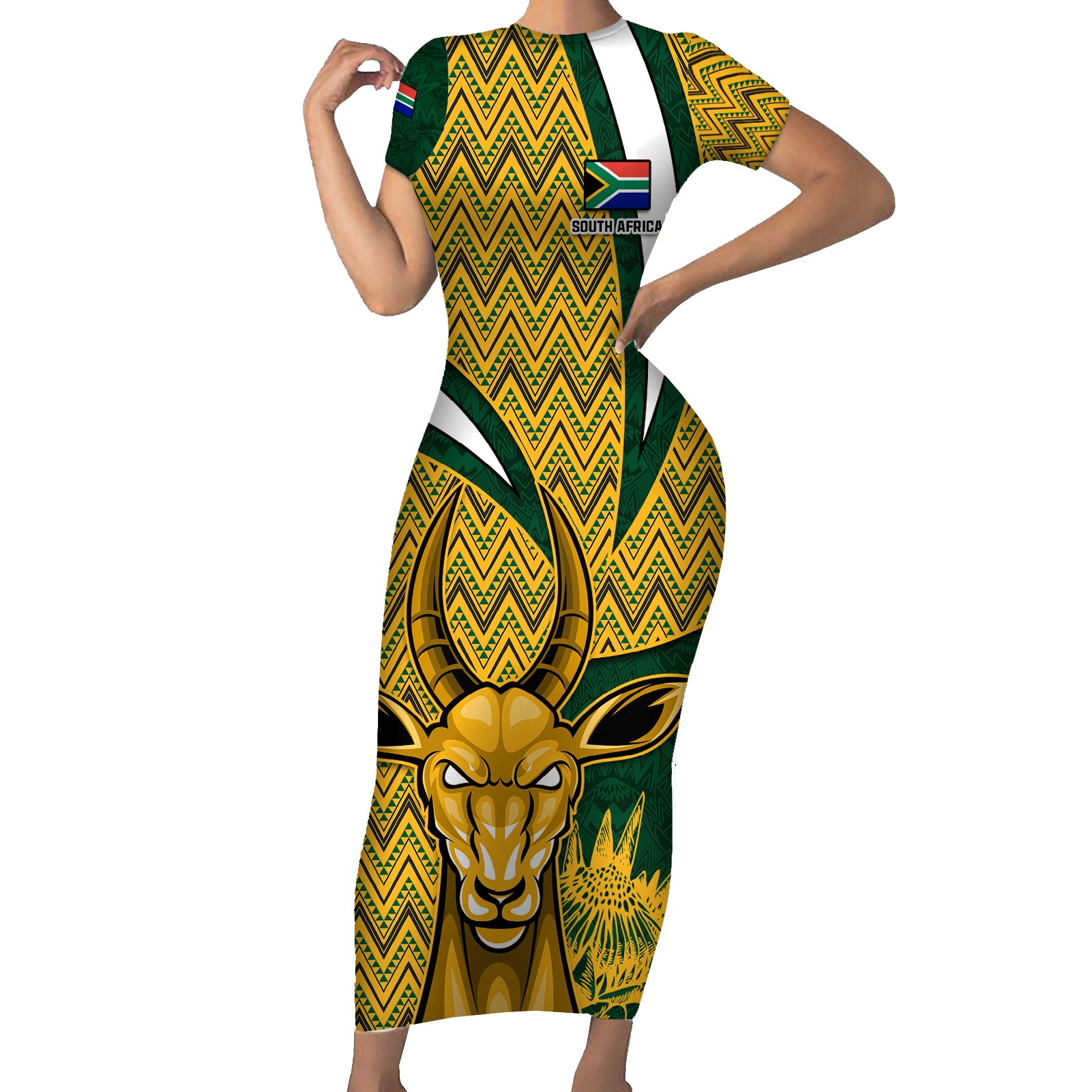 Custom South Africa Rugby Short Sleeve Bodycon Dress Come On Bokke Champion World Cup 2023 - Wonder Print Shop